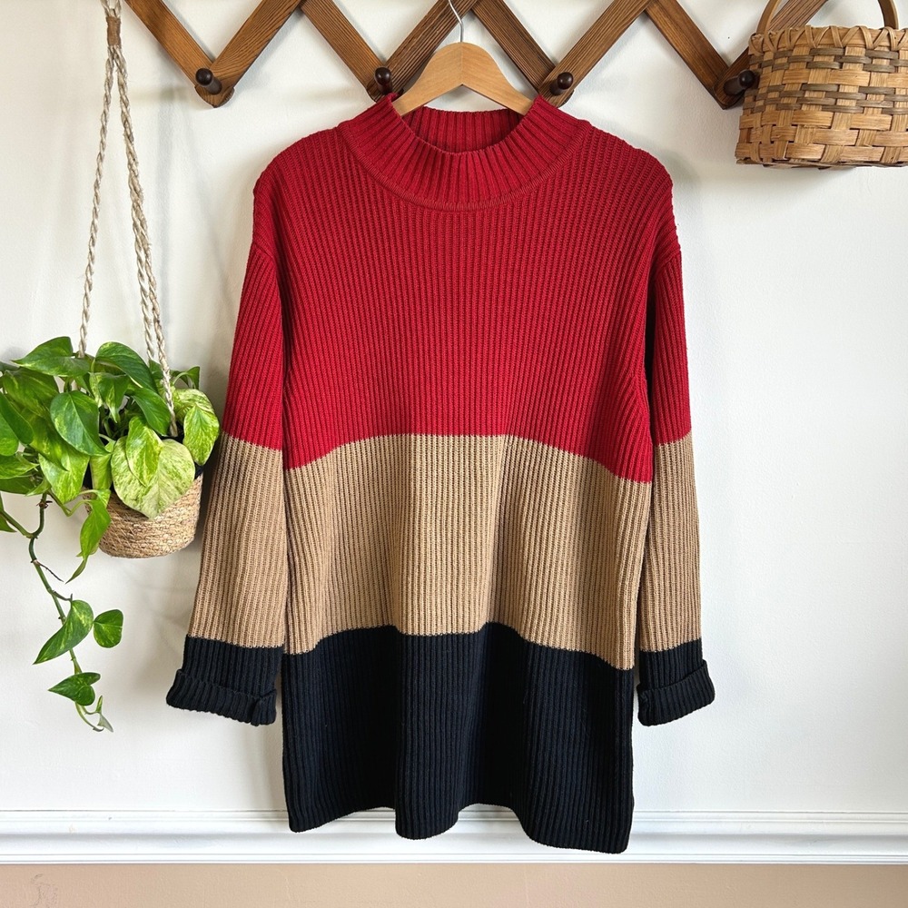 Liz Claiborne Liz & Co Petite Red Tan Black Colorblock Shaker Knit Sweater M